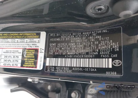 2012 Toyota Camry Xle from USA, damaged, VIN 4T4BF1FK5CR189961